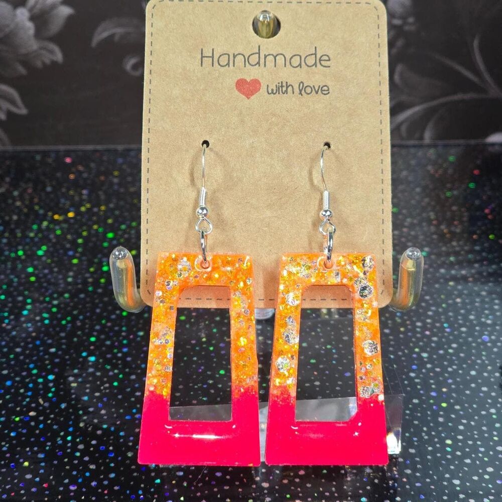 Neon Sunset Glitter Rectangle Earrings - Handmade Lightweight Statement Earrings